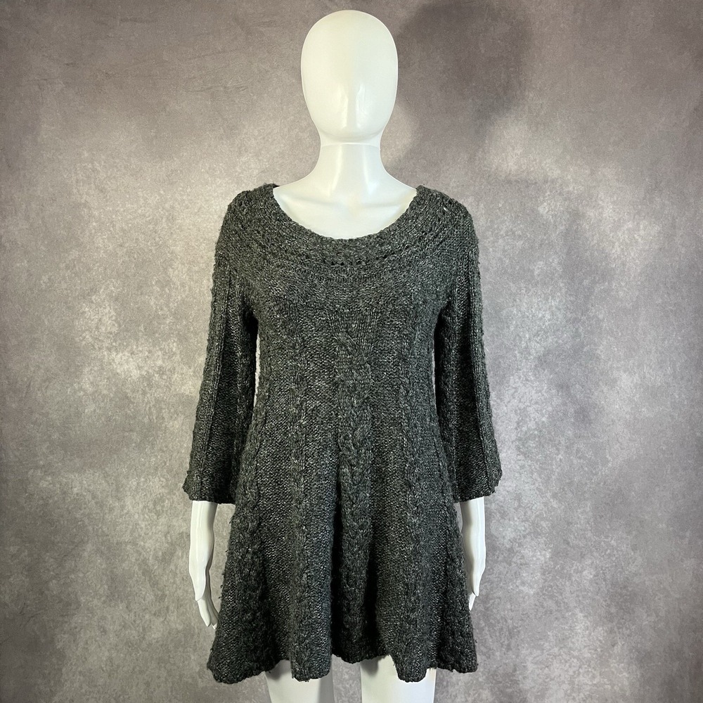 Free People Sweater Tunic Womens XS Grey Cable Knit Flared Sleeve Wool Blend